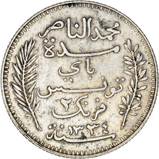 Coin, Tunisia, Muhammad al-Nasir Bey, 2 Francs, 1915, Paris, EF(40-45), Silver