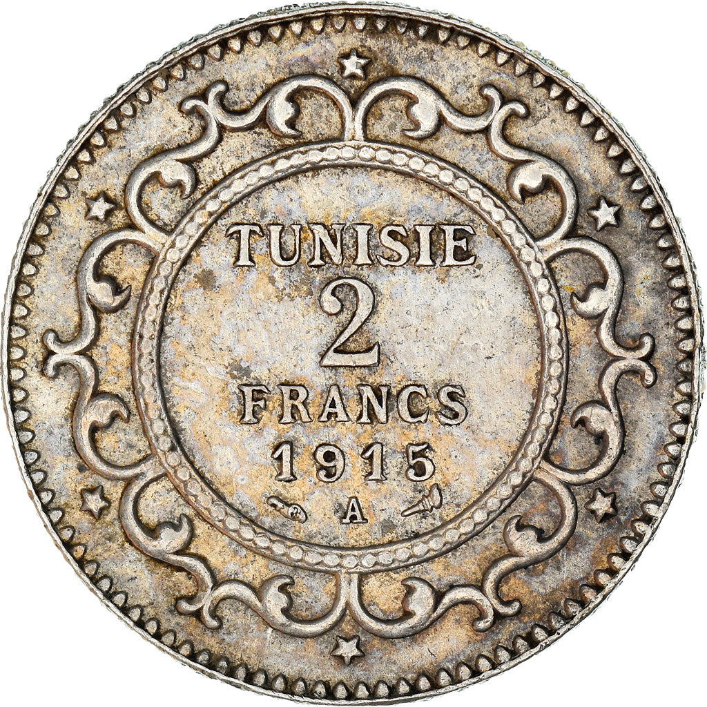 Coin, Tunisia, Muhammad al-Nasir Bey, 2 Francs, 1915, Paris, EF(40-45), Silver
