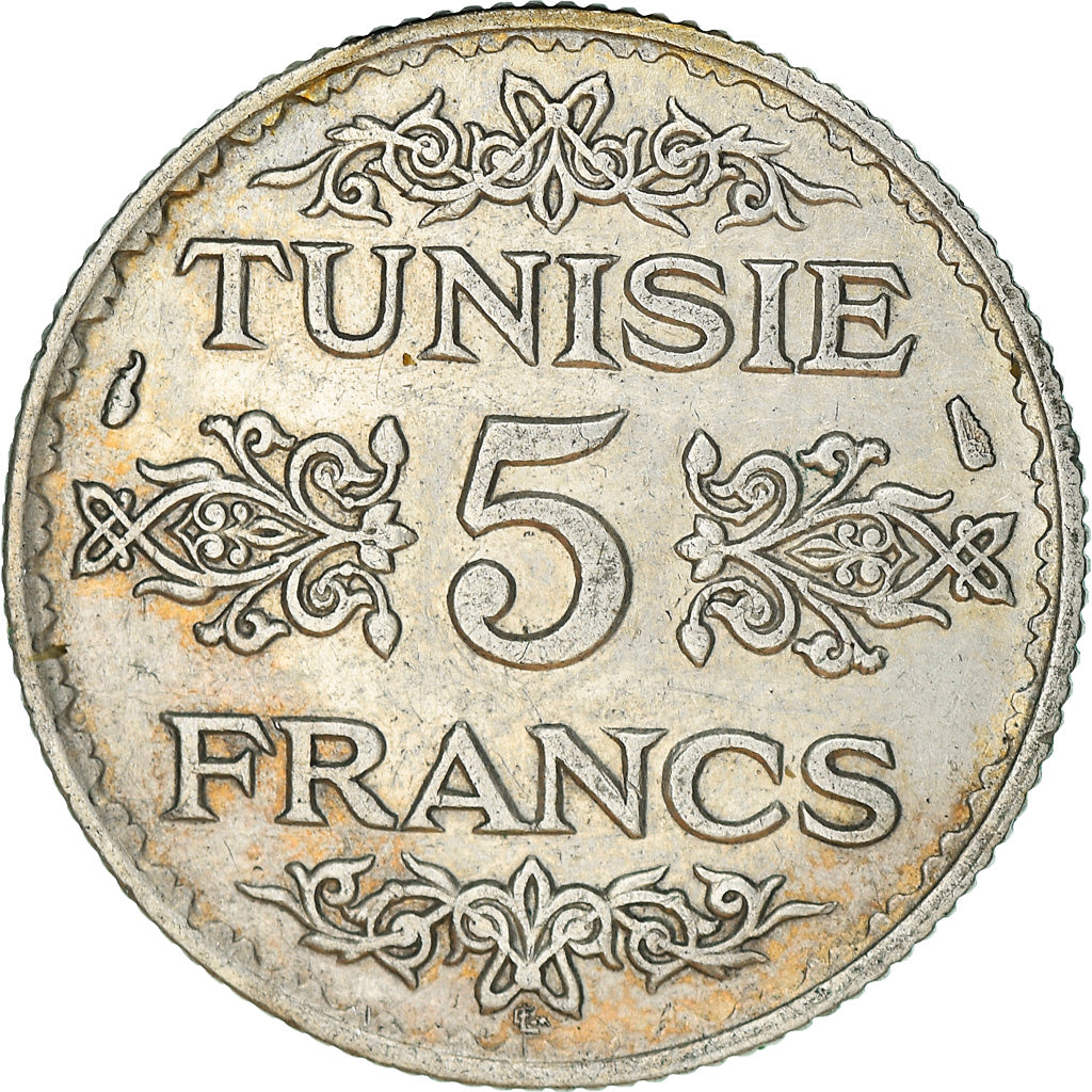 Moneda, Túnez, Ahmad Pasha Bey, 5 Francs, 1934, Paris, MBC, Plata, KM:261