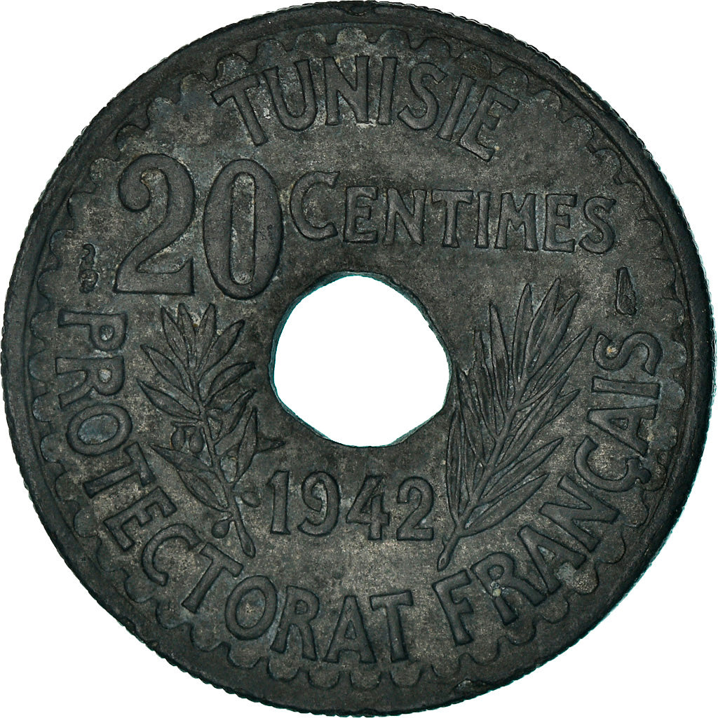 Coin, Tunisia, Ahmad Pasha Bey, 20 Centimes, 1942, Paris, VF(30-35), Zinc