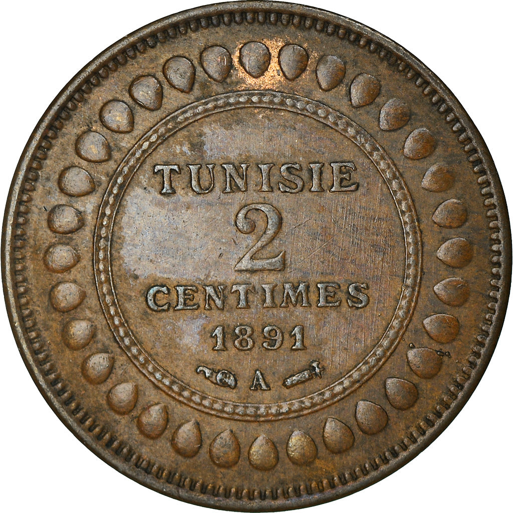 Coin, Tunisia, Ali Bey, 2 Centimes, 1891, Paris, VF(30-35), Bronze, KM:220