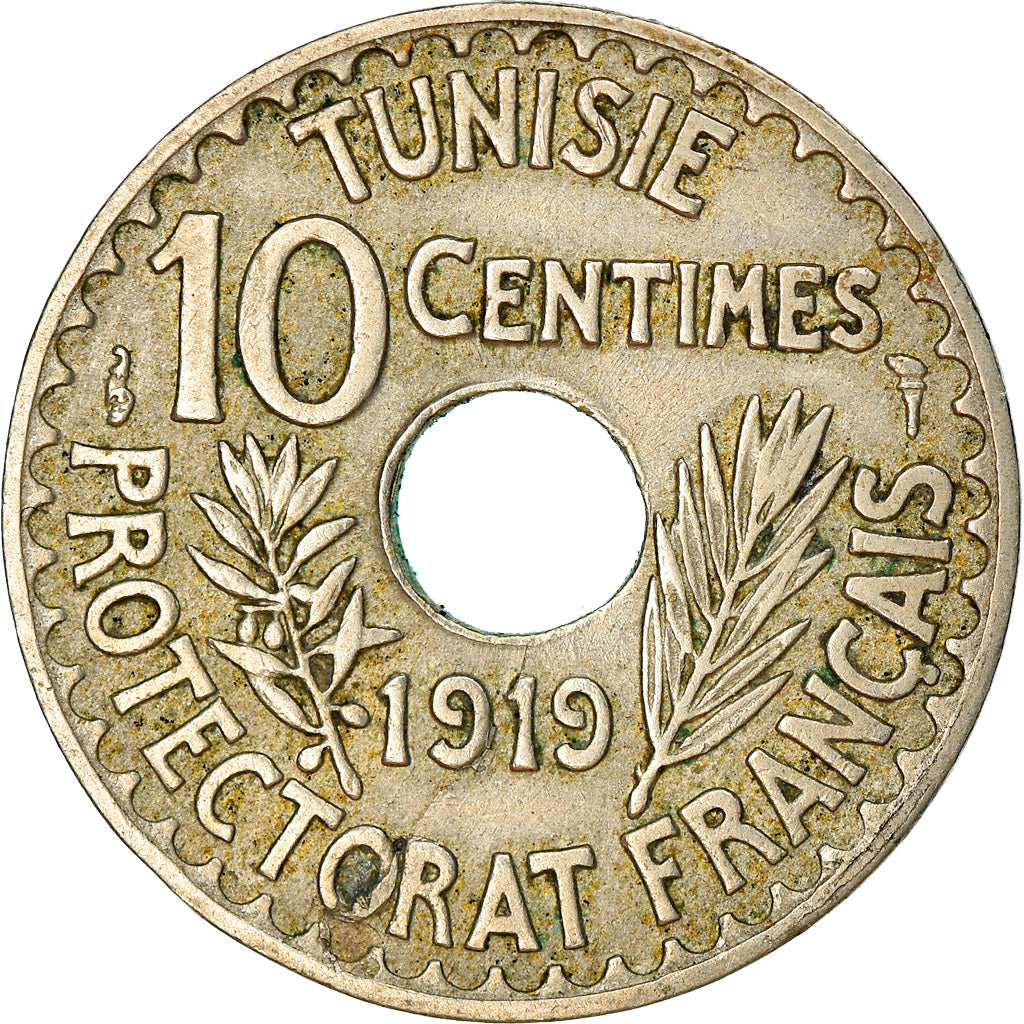 Coin, Tunisia, Muhammad al-Nasir Bey, 10 Centimes, 1919, Paris, EF(40-45)