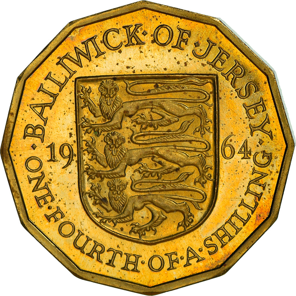 Coin, Jersey, Elizabeth II, 1/4 Shilling, 3 Pence, 1964, AU(55-58)