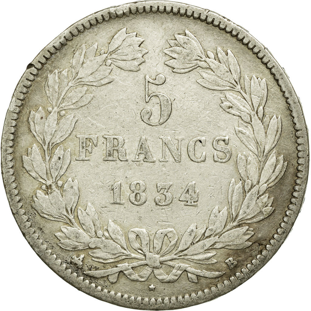 Münze, Frankreich, Louis-Philippe, 5 Francs, 1834, Rouen, S+, Silber, KM:749.2