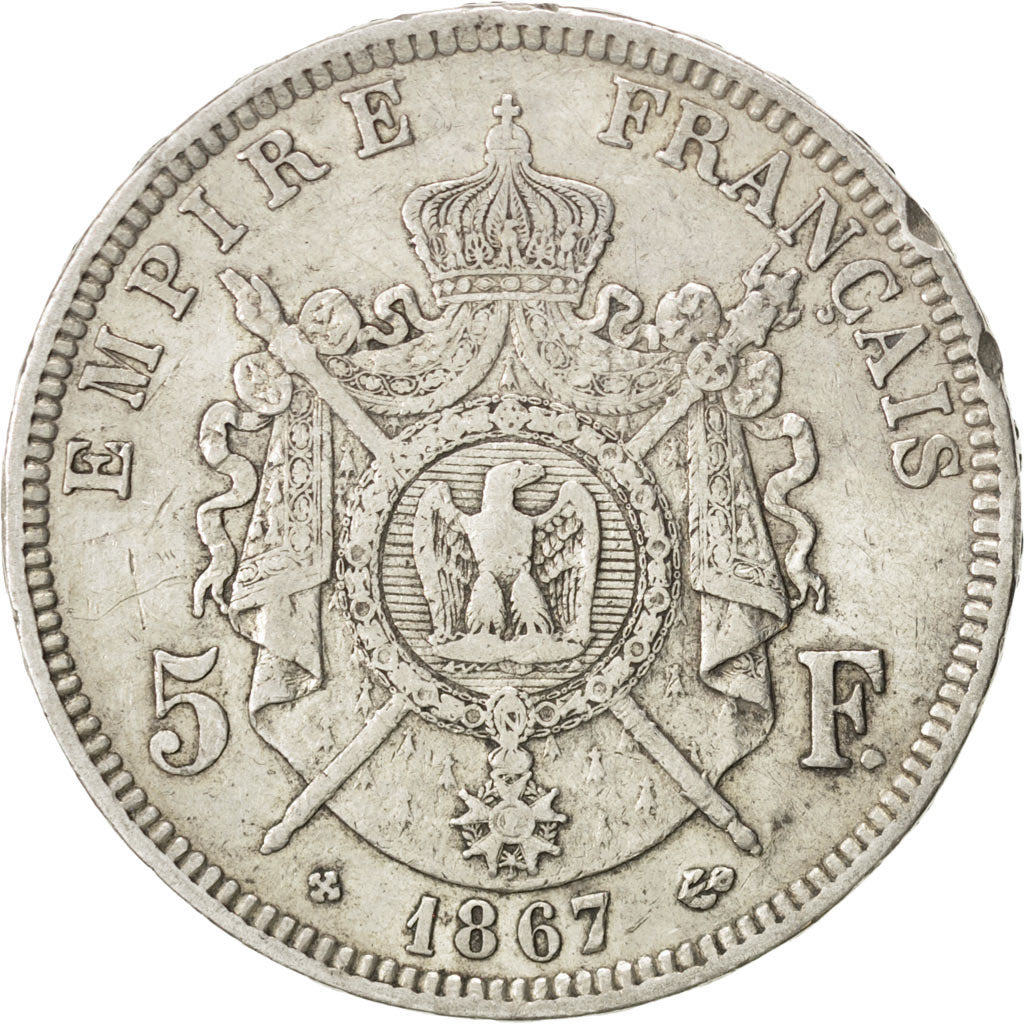 FRANCE, Napoléon III, 5 Francs, 1867, Strasbourg, KM #799.2, VF(30-35), Silver,