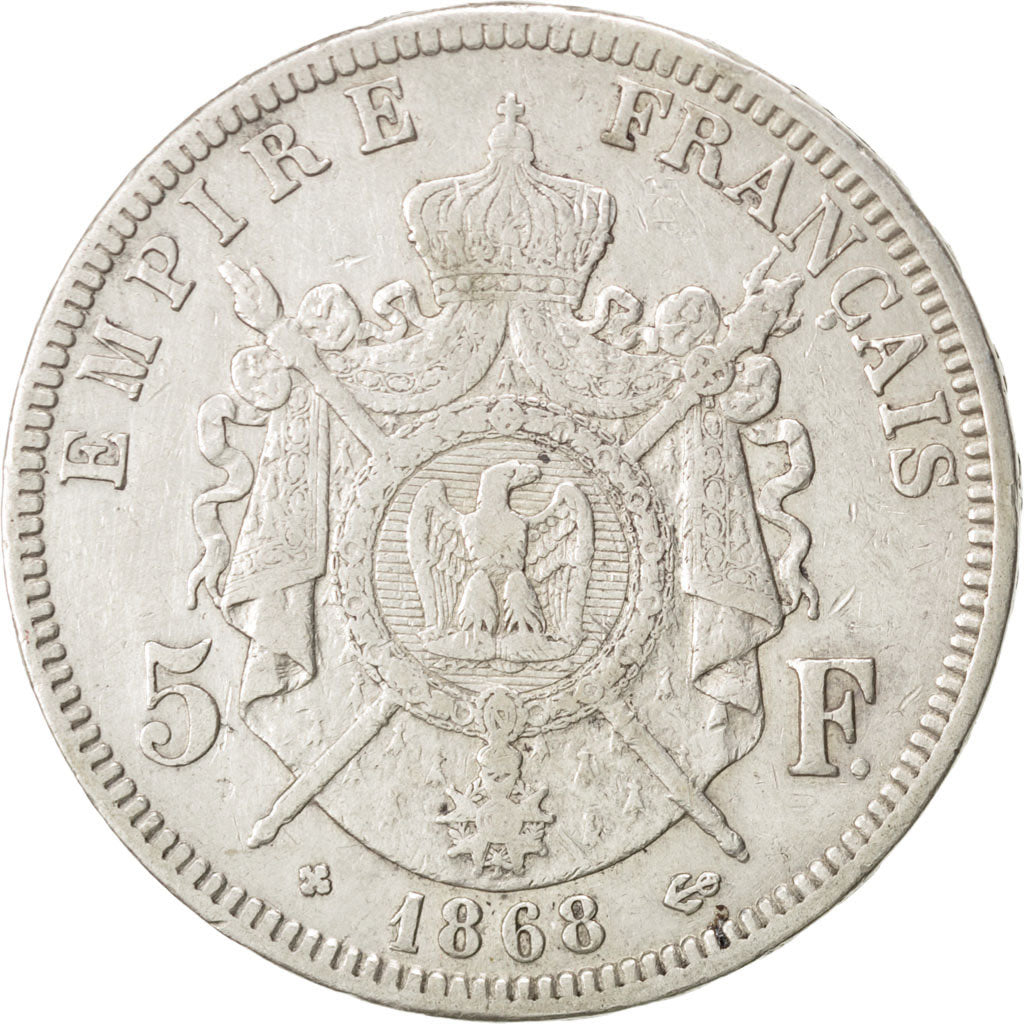FRANCE, Napoléon III, 5 Francs, 1868, Strasbourg, KM #799.2, VF(30-35), Silver,