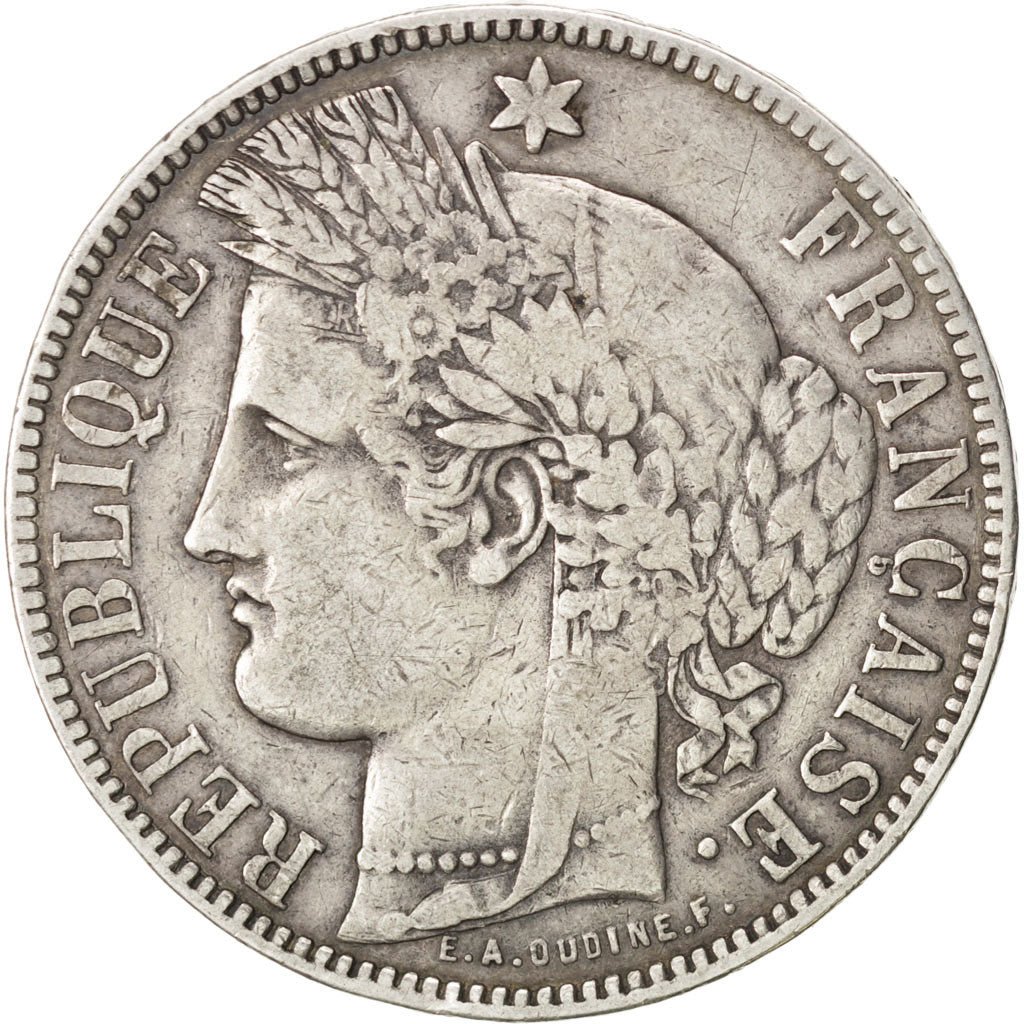 FRANCE, Cérès, 5 Francs, 1871, Bordeaux, KM #818.2, VF(30-35), Silver, Gadoury #