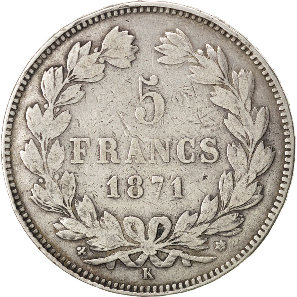 FRANCE, Cérès, 5 Francs, 1871, Bordeaux, KM #818.2, VF(30-35), Silver, Gadoury #