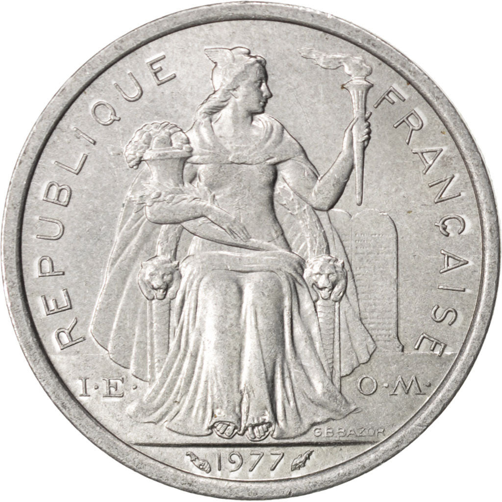 NEW CALEDONIA, 2 Francs, 1977, Paris, KM #14, AU(55-58), Aluminum, 27, Lecompte.