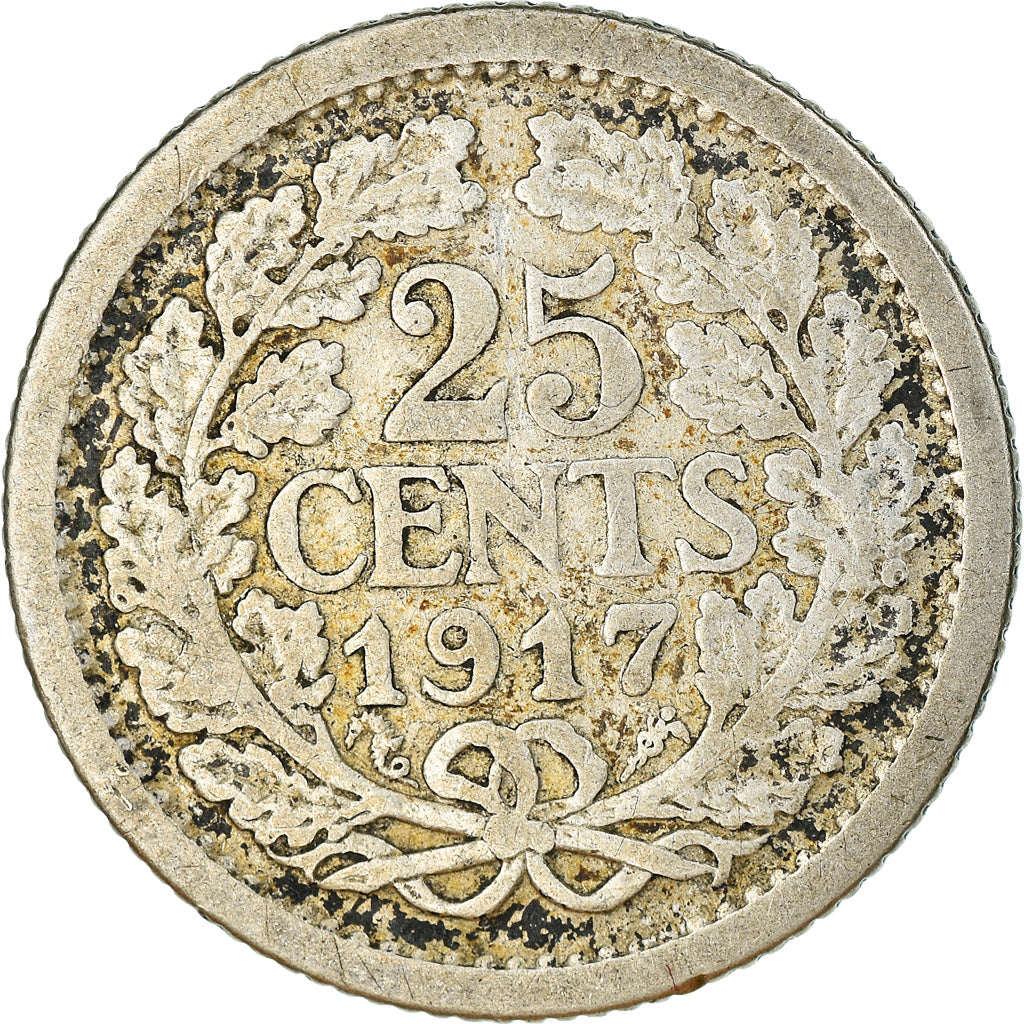 Coin, Netherlands, Wilhelmina I, 25 Cents, 1917, VF(30-35), Silver, KM:146