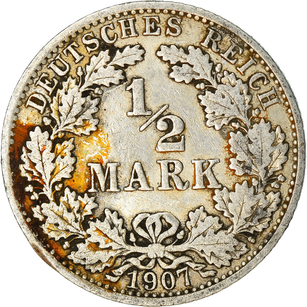 Moneta, GERMANIA - IMPERO, 1/2 Mark, 1907, Berlin, MB+, Argento, KM:17