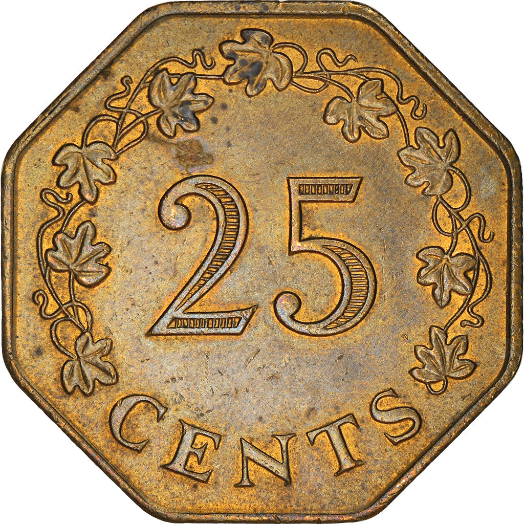Coin, Malta, 25 Cents, 1975, British Royal Mint, EF(40-45), Brass, KM:29