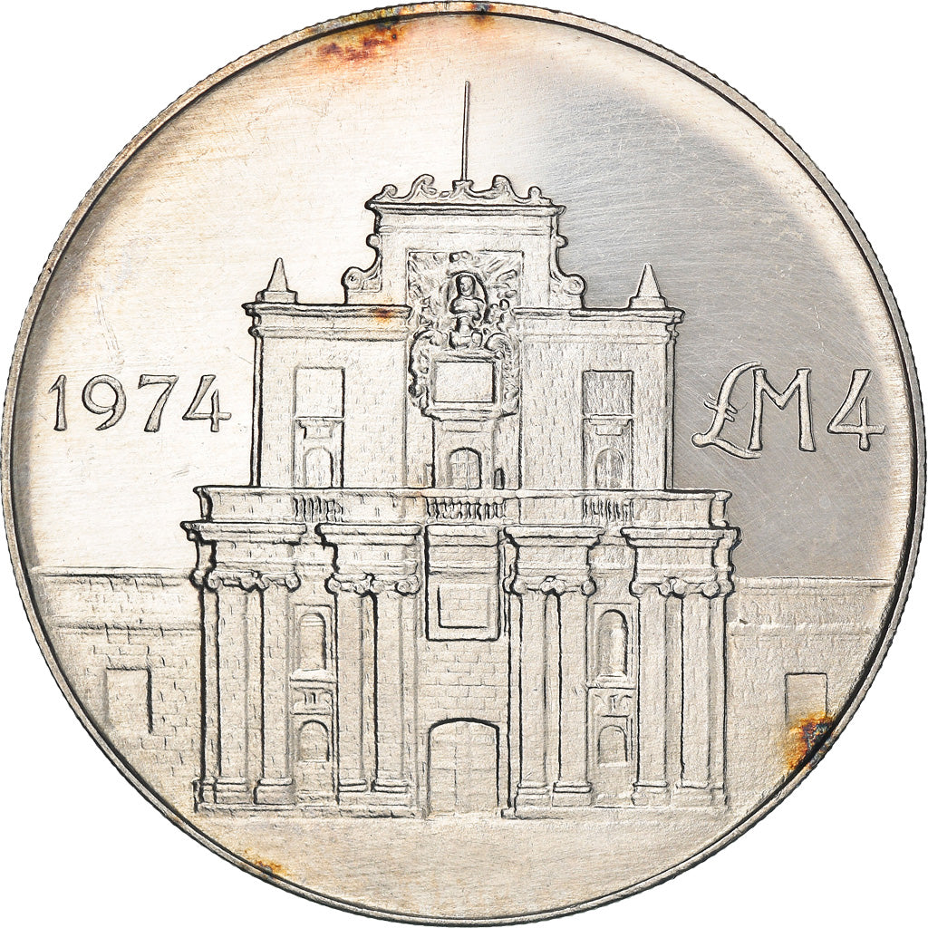 Coin, Malta, 4 Pounds, 1974, British Royal Mint, AU(55-58), Silver, KM:25