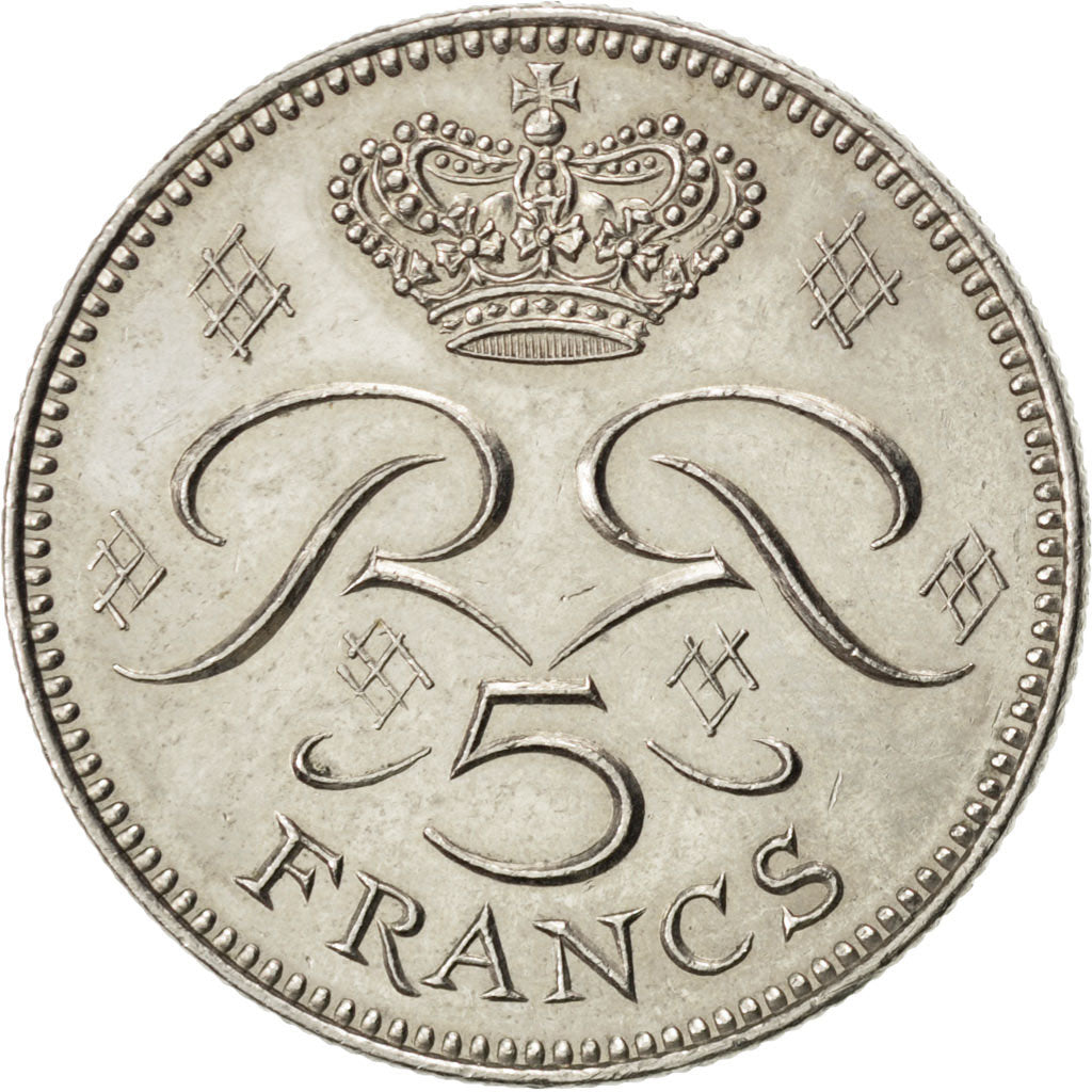 MONACO, 5 Francs, 1974, KM #150, AU(55-58), Copper-Nickel, 29, Gadoury #153,...