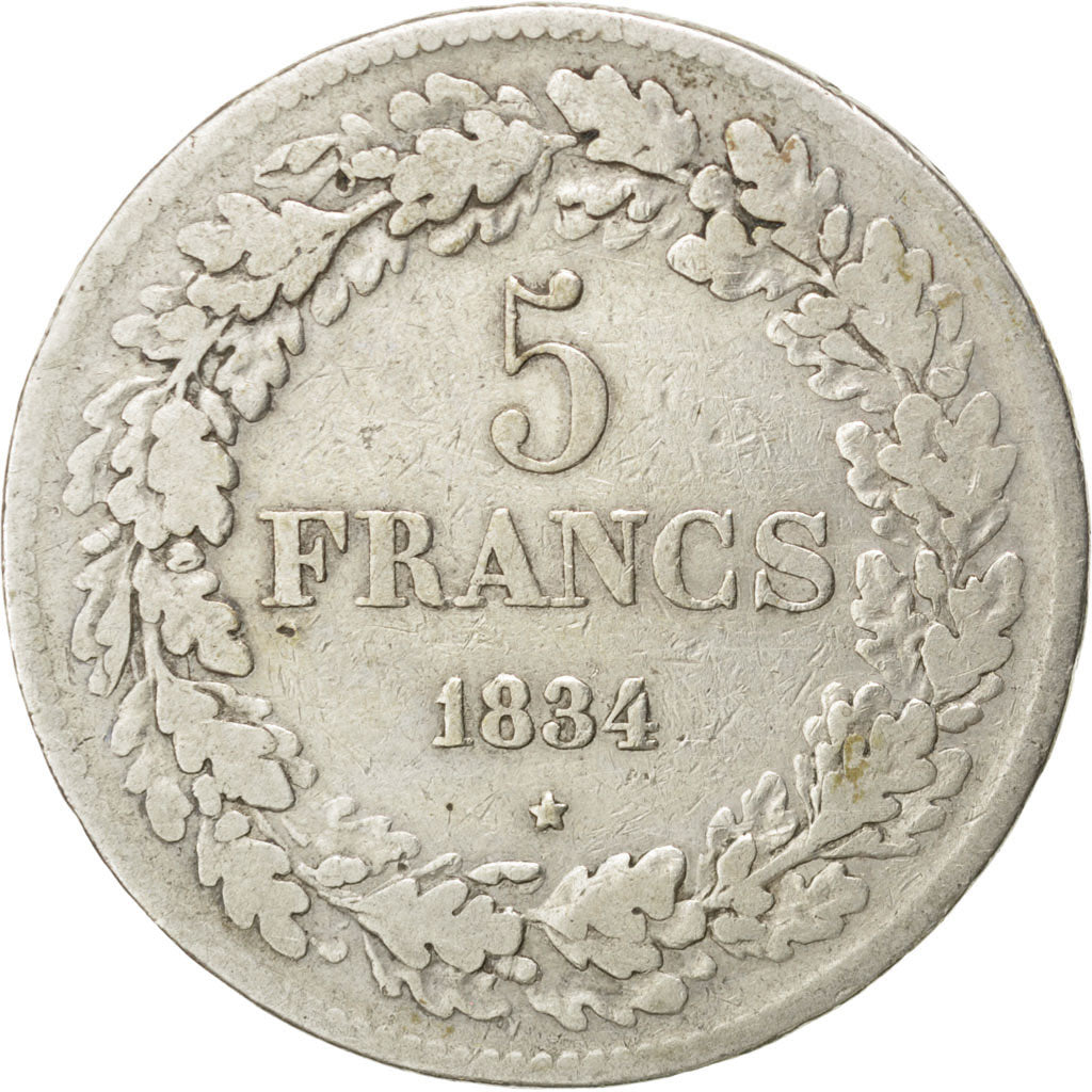 BELGIUM, 5 Francs, 5 Frank, 1834, KM #3.1, VF(20-25), Silver, 24.56