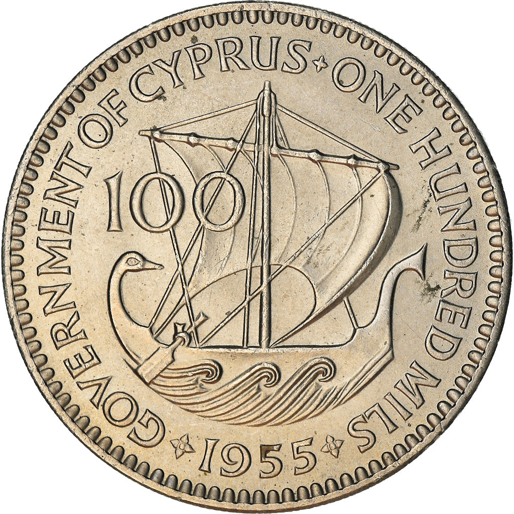 Coin, Cyprus, 100 Mils, 1955, EF(40-45), Copper-nickel, KM:37