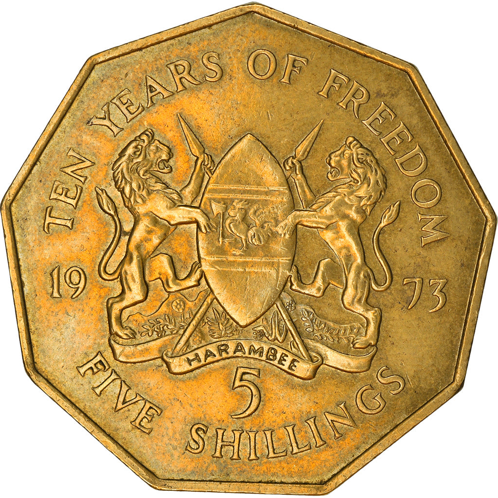 Coin, Kenya, 5 Shillings, 1973, British Royal Mint, EF(40-45), Brass, KM:16