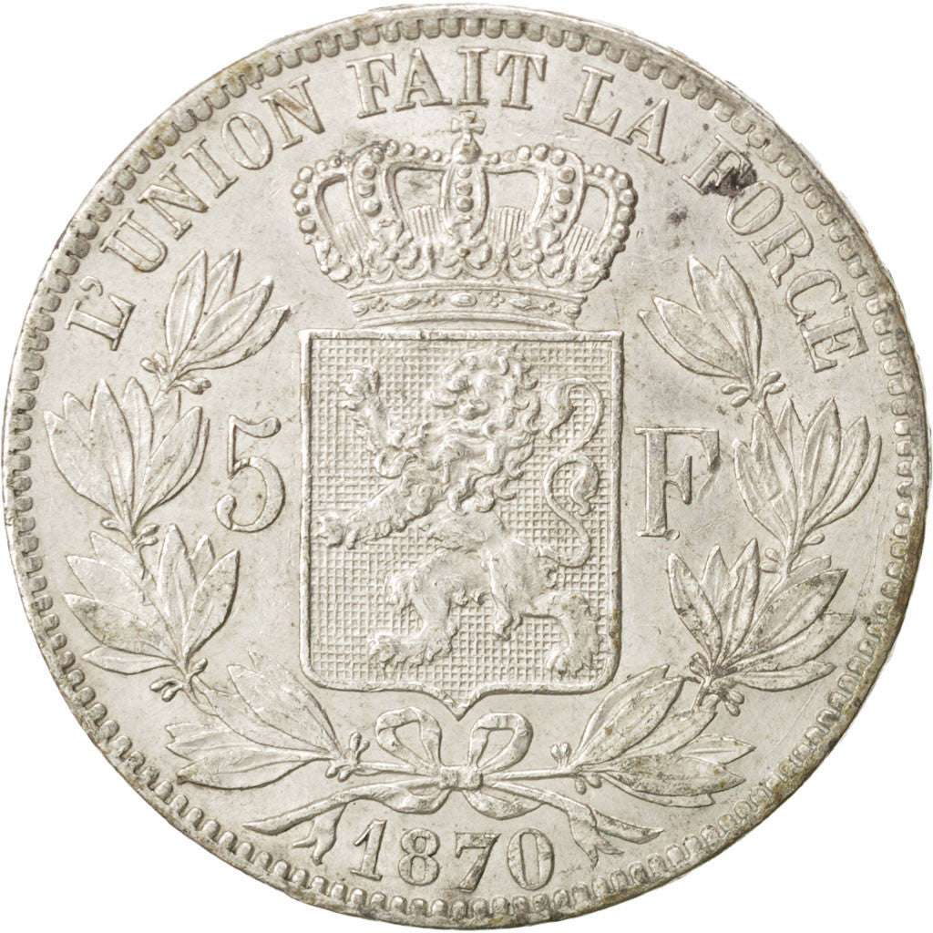 BELGIUM, 5 Francs, 5 Frank, 1870, KM #24, AU(50-53), Silver, 24.91