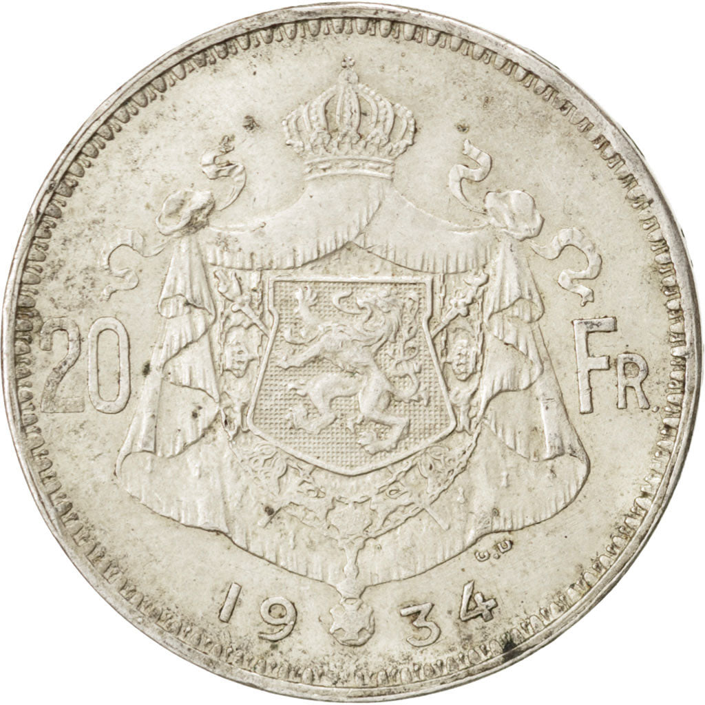 BELGIUM, 20 Francs, 20 Frank, 1934, KM #104.1, EF(40-45), Silver, 10.99