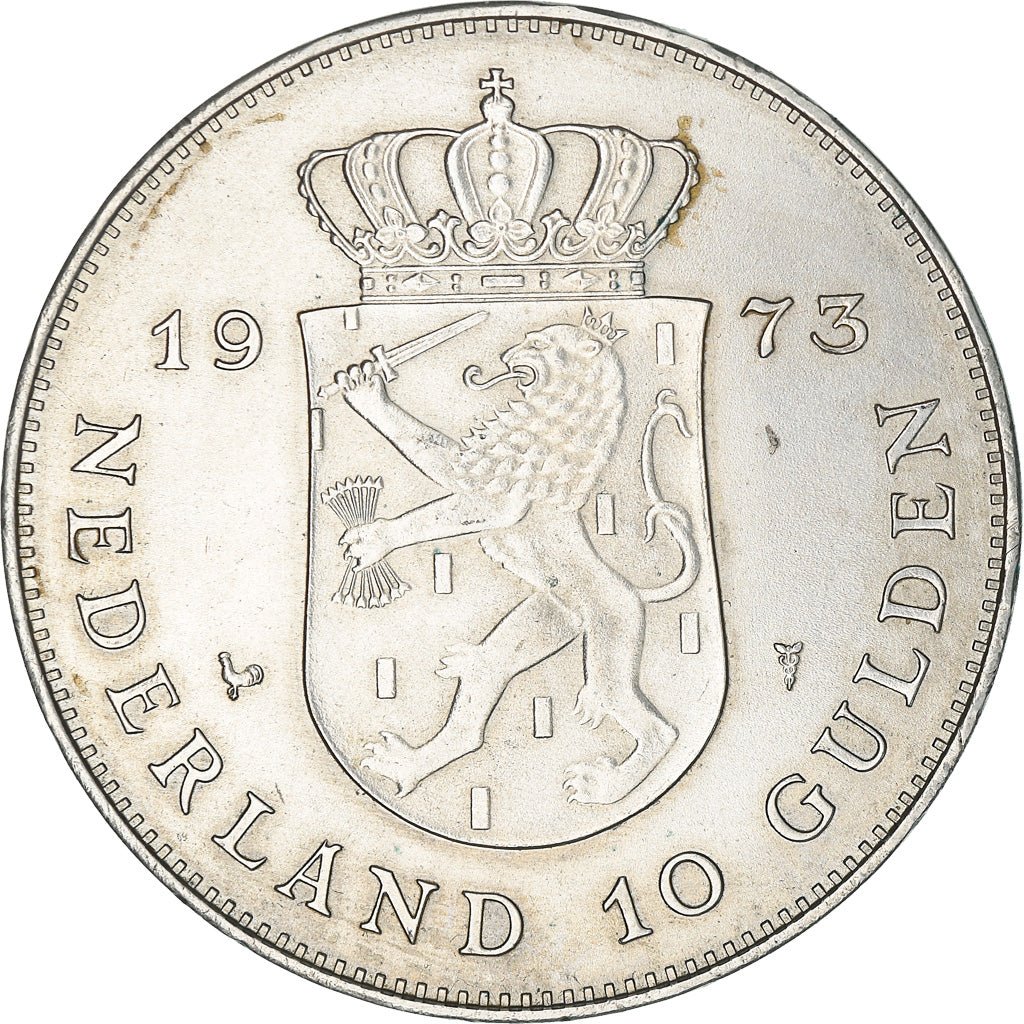 Coin, Netherlands, Juliana, 10 Gulden, 1973, EF(40-45), Silver, KM:196