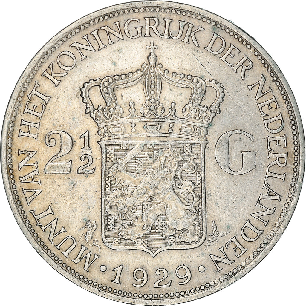 Coin, Netherlands, Wilhelmina I, 2-1/2 Gulden, 1929, EF(40-45), Silver, KM:165