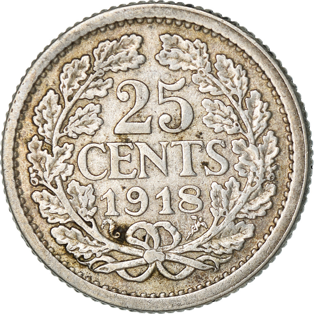 Coin, Netherlands, Wilhelmina I, 25 Cents, 1918, EF(40-45), Silver, KM:146