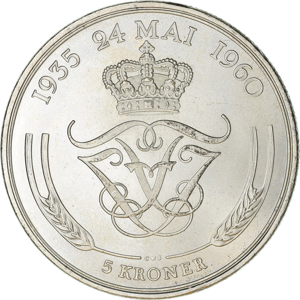 Coin, Denmark, Frederik IX, 5 Kroner, 1960, Copenhagen, AU(55-58), Silver