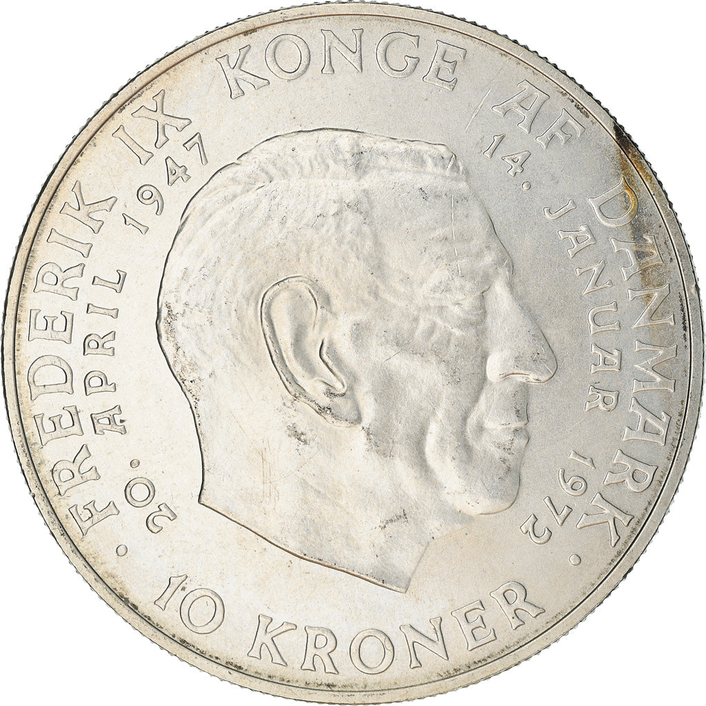Coin, Denmark, Margrethe II, 10 Kroner, 1972, Copenhagen, AU(55-58), Silver