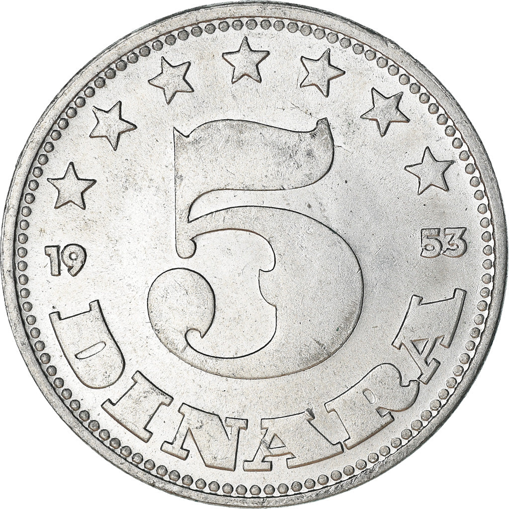 Coin, Yugoslavia, 5 Dinara, 1953, AU(55-58), Aluminum, KM:32
