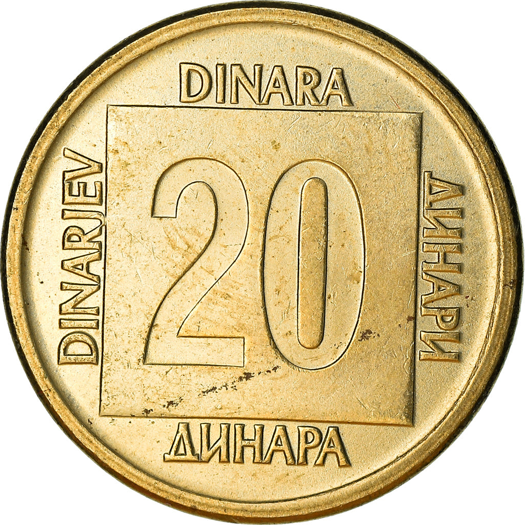 Coin, Yugoslavia, 20 Dinara, 1988, AU(55-58), Brass, KM:132