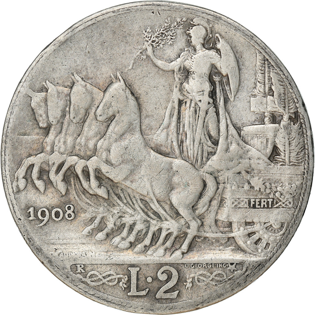 Coin, Italy, Vittorio Emanuele III, 2 Lire, 1908, Rome, VF(30-35), Silver, KM:46
