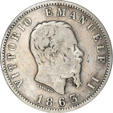 Moneta, Włochy, Vittorio Emanuele II, Lira, 1863, Milan, VF(30-35), Srebro