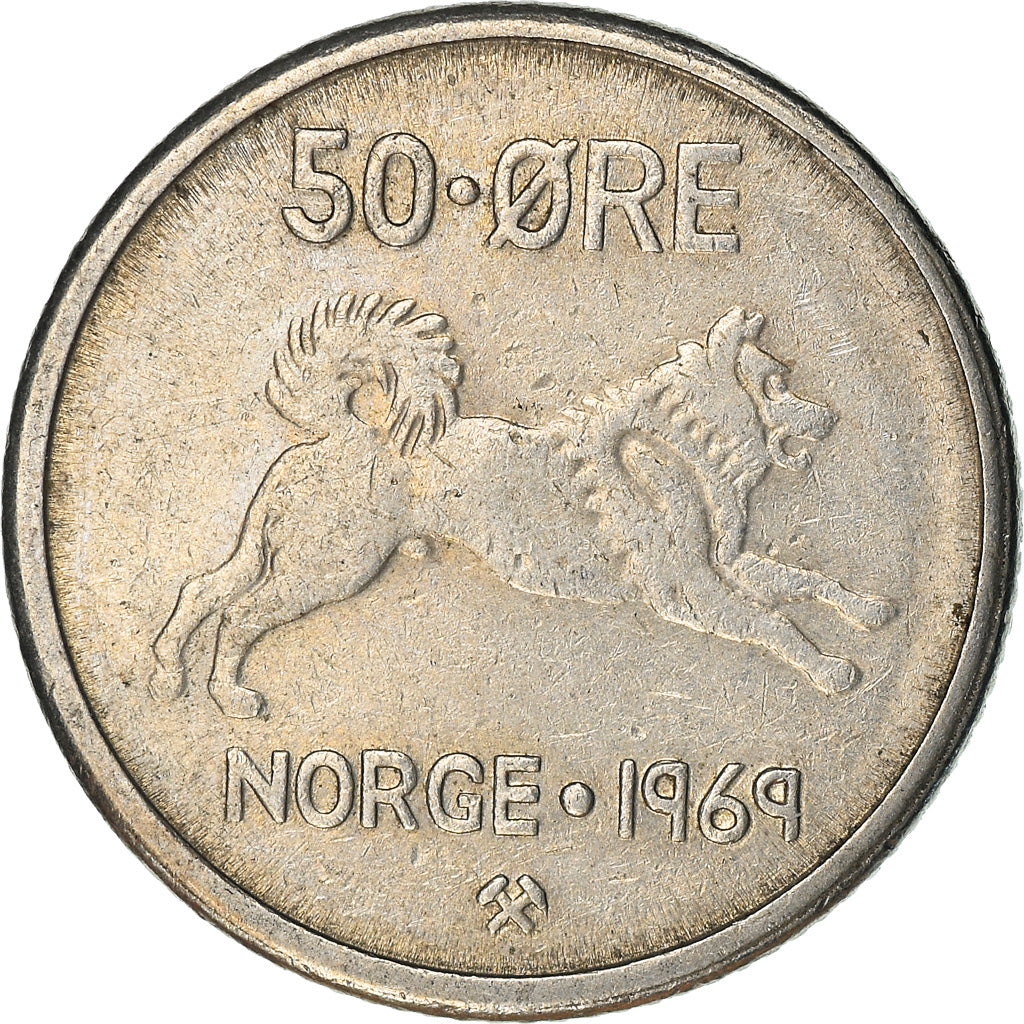 Coin, Norway, Olav V, 50 Öre, 1969, VF(30-35), Copper-nickel, KM:408