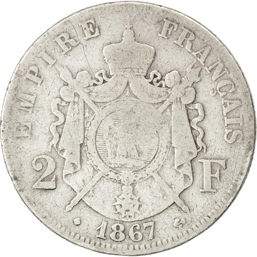 Francia, Napoleon III, Napoléon III, 2 Francs, 1867, Strasbourg, MB, Argento...