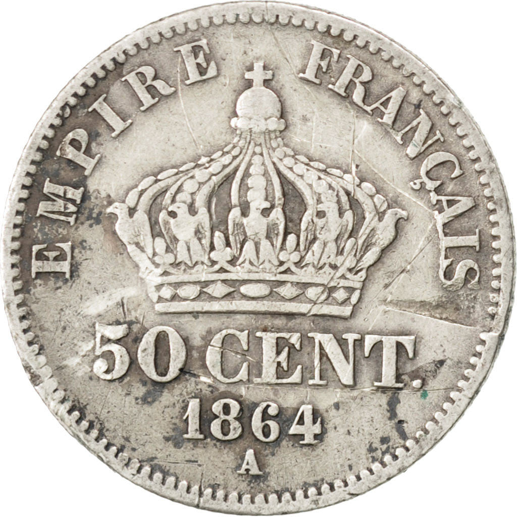 FRANCE, Napoléon III, 50 Centimes, 1864, Paris, KM #814.1, VF(30-35), Silver, 18