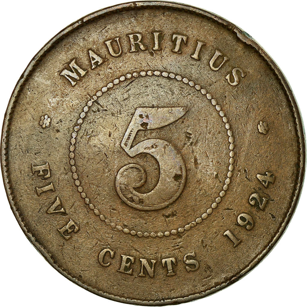Coin, Mauritius, George V, 5 Cents, 1924, VF(20-25), Bronze, KM:14