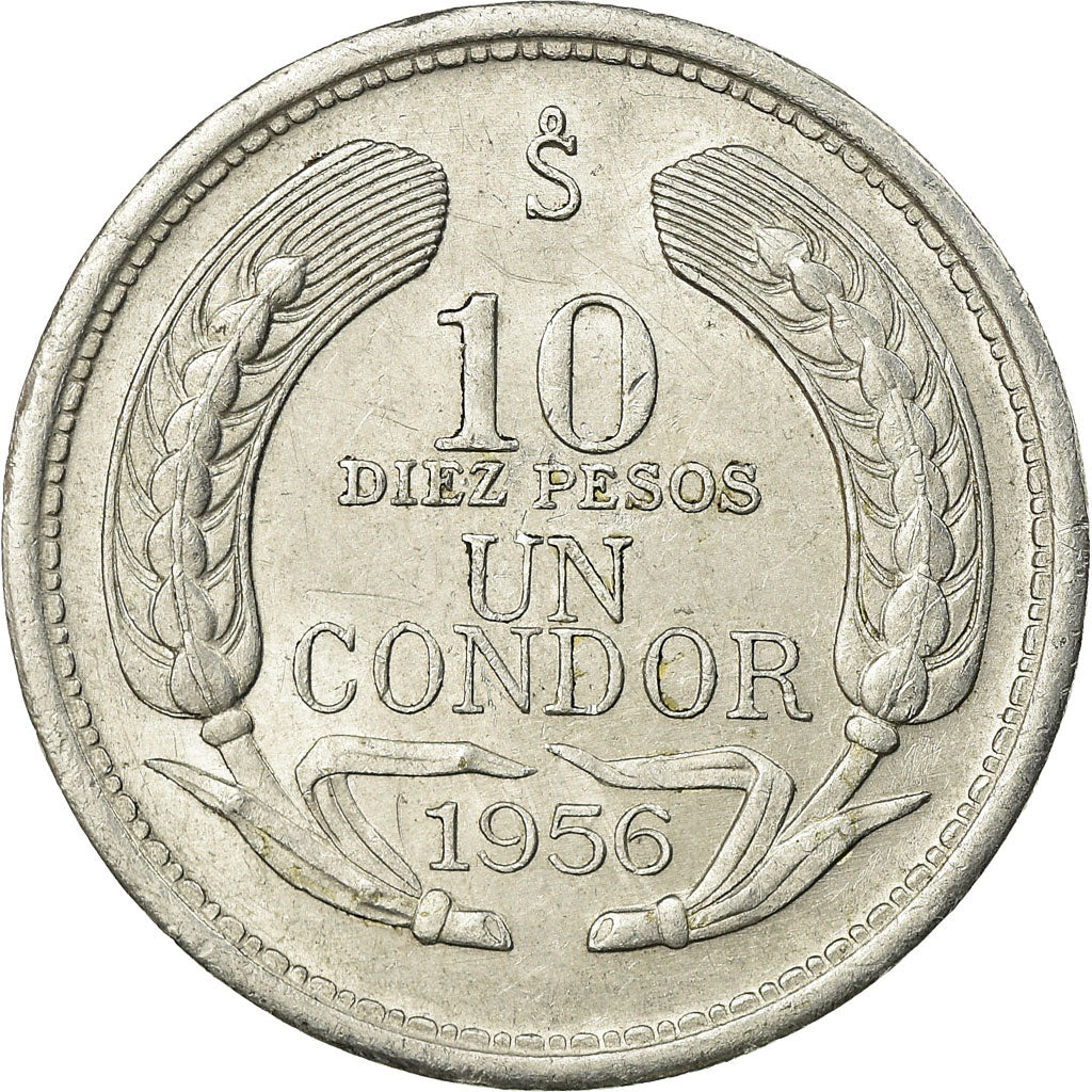 Moneta, Cile, 10 Pesos, 1956, Santiago, BB, Alluminio, KM:181