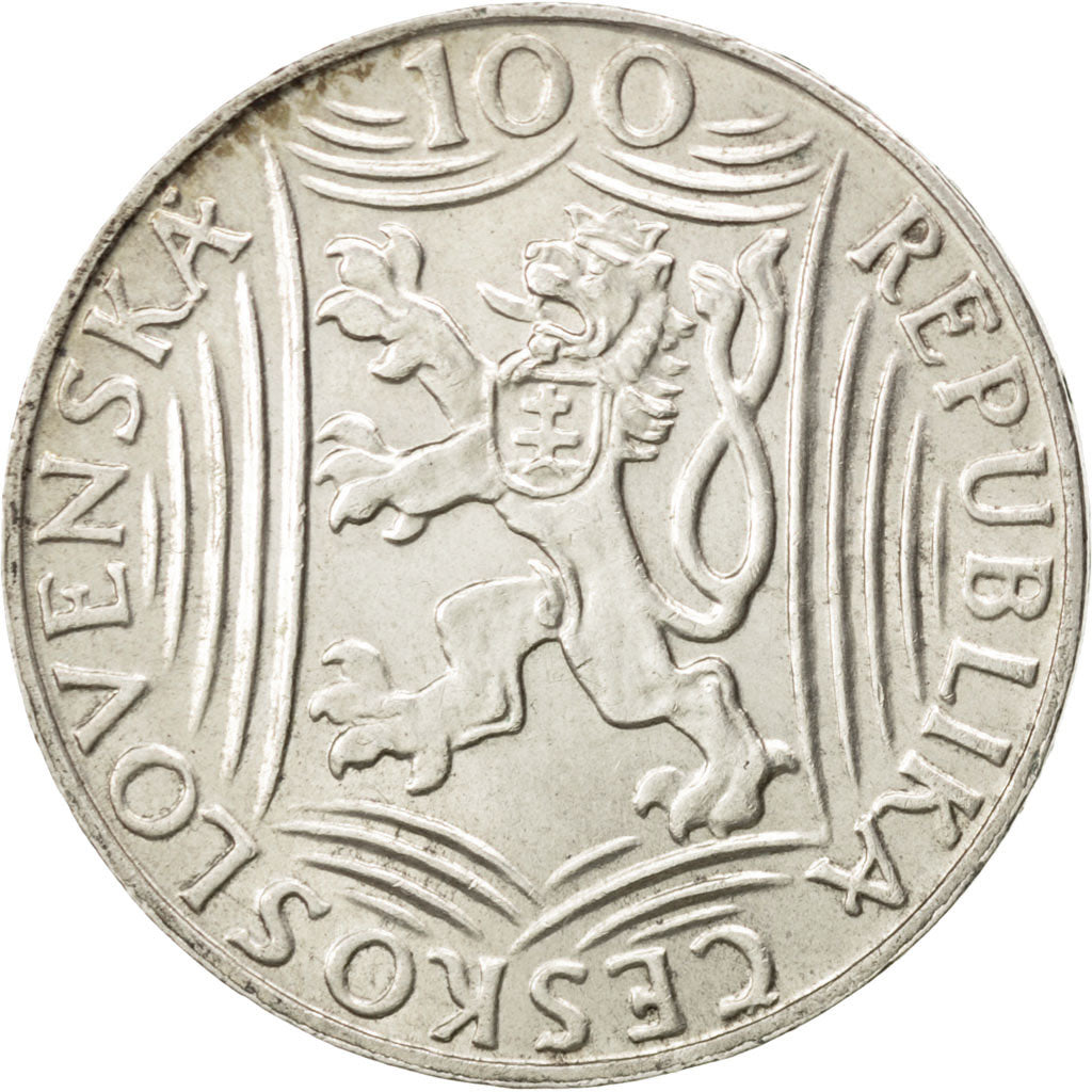CZECHOSLOVAKIA, 100 Korun, 1949, KM #30, MS(60-62), Silver, 31, 13.96