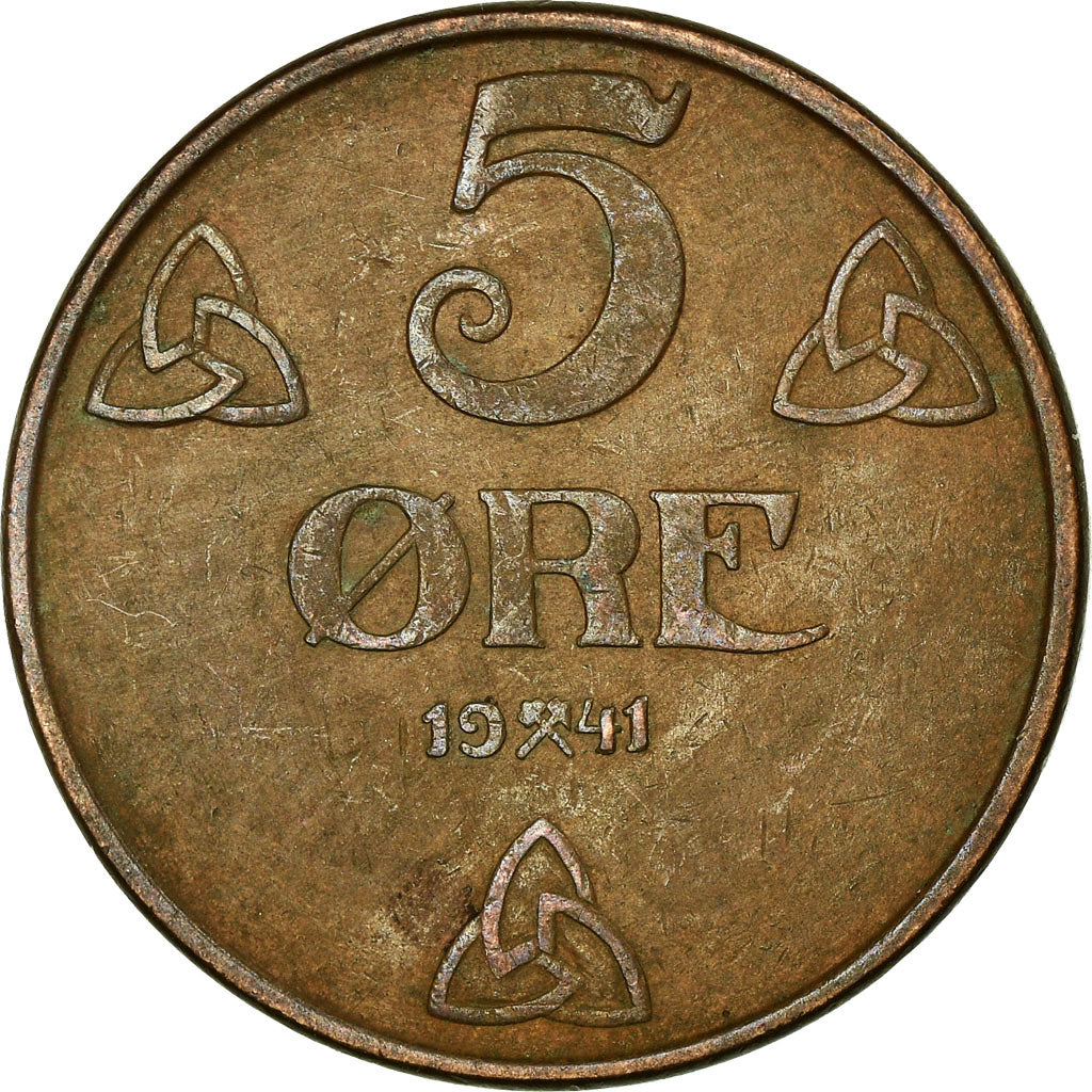 Munten, Noorwegen, Haakon VII, 5 Öre, 1941, Kongsberg, ZF, Bronze, KM:368