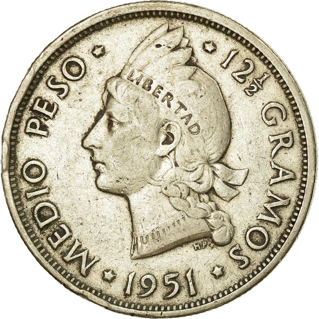 Moeda, República Dominicana, 1/2 Peso, 1951, VF(30-35), Prata, KM:21