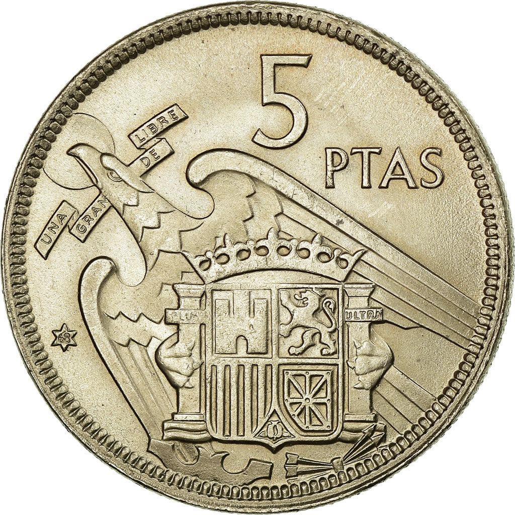 Coin, Spain, Caudillo and regent, 5 Pesetas, 1968, AU(55-58), Copper-nickel