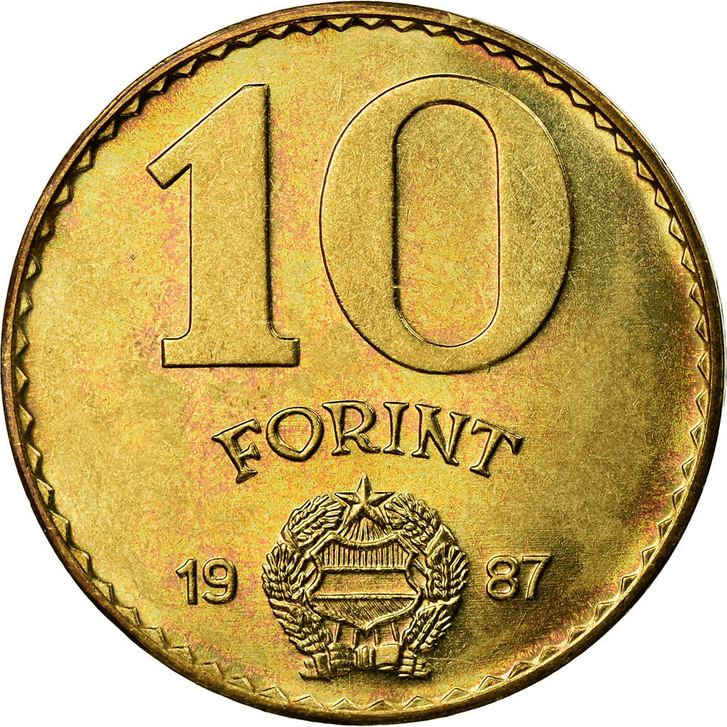 Coin, Hungary, 10 Forint, 1987, MS(63), Aluminum-Bronze, KM:636