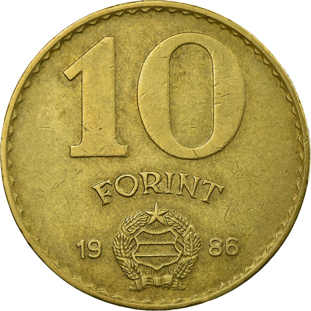 Munten, Hongarije, 10 Forint, 1986, ZF, Aluminum-Bronze, KM:636