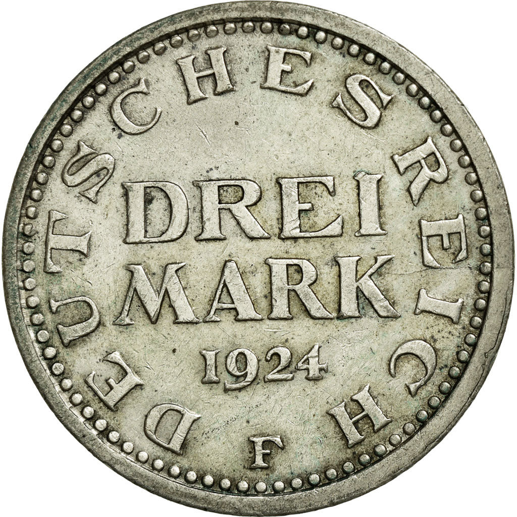 Coin, GERMANY, WEIMAR REPUBLIC, 3 Mark, 1924, Stuttgart, AU(55-58), Silver