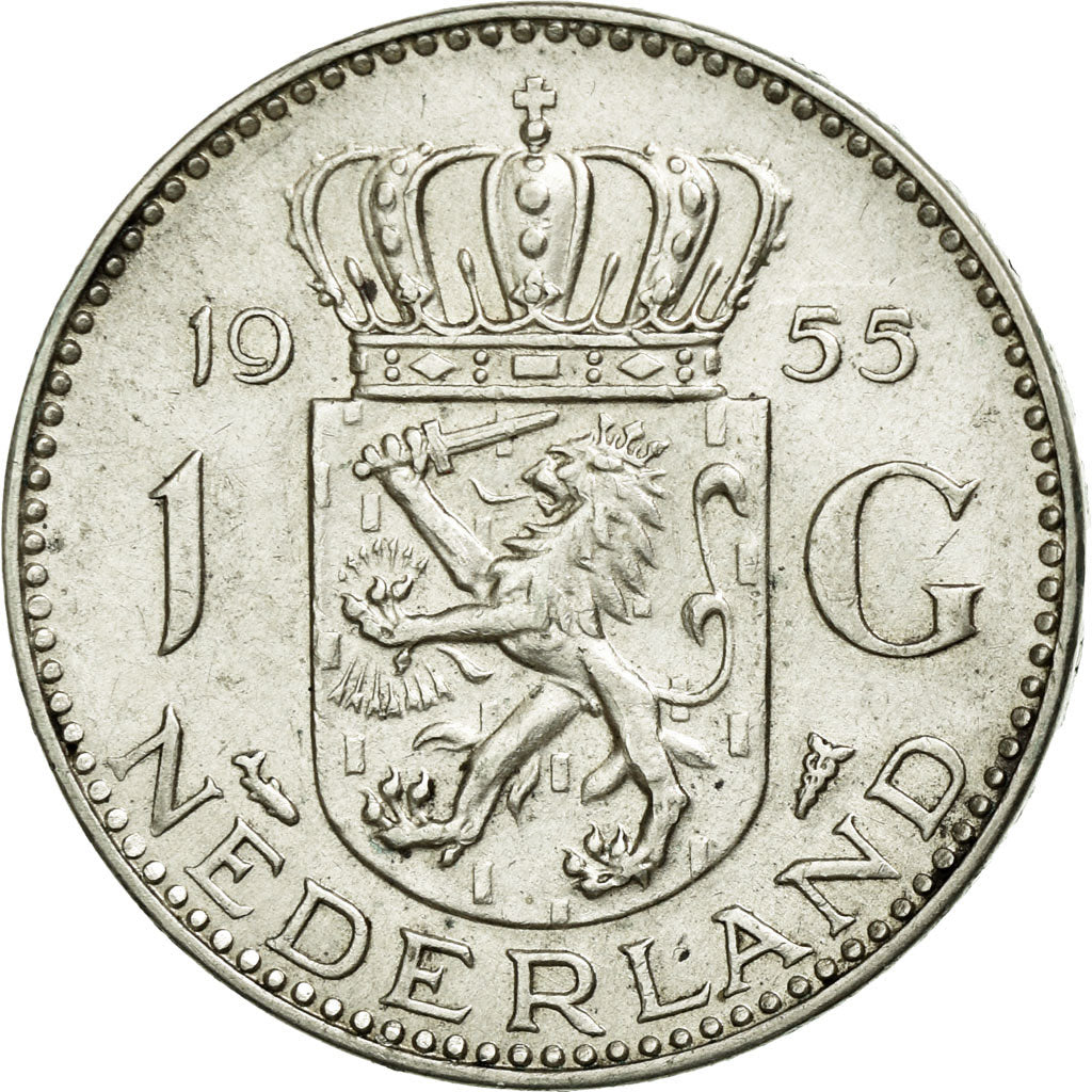 Coin, Netherlands, Juliana, Gulden, 1955, AU(50-53), Silver, KM:184