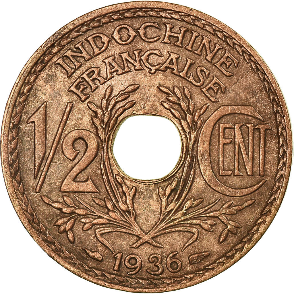 Moneta, FRANCUSKIE INDOCHINY, 1/2 Cent, 1936, Paris, AU(55-58), Bronze, KM:20