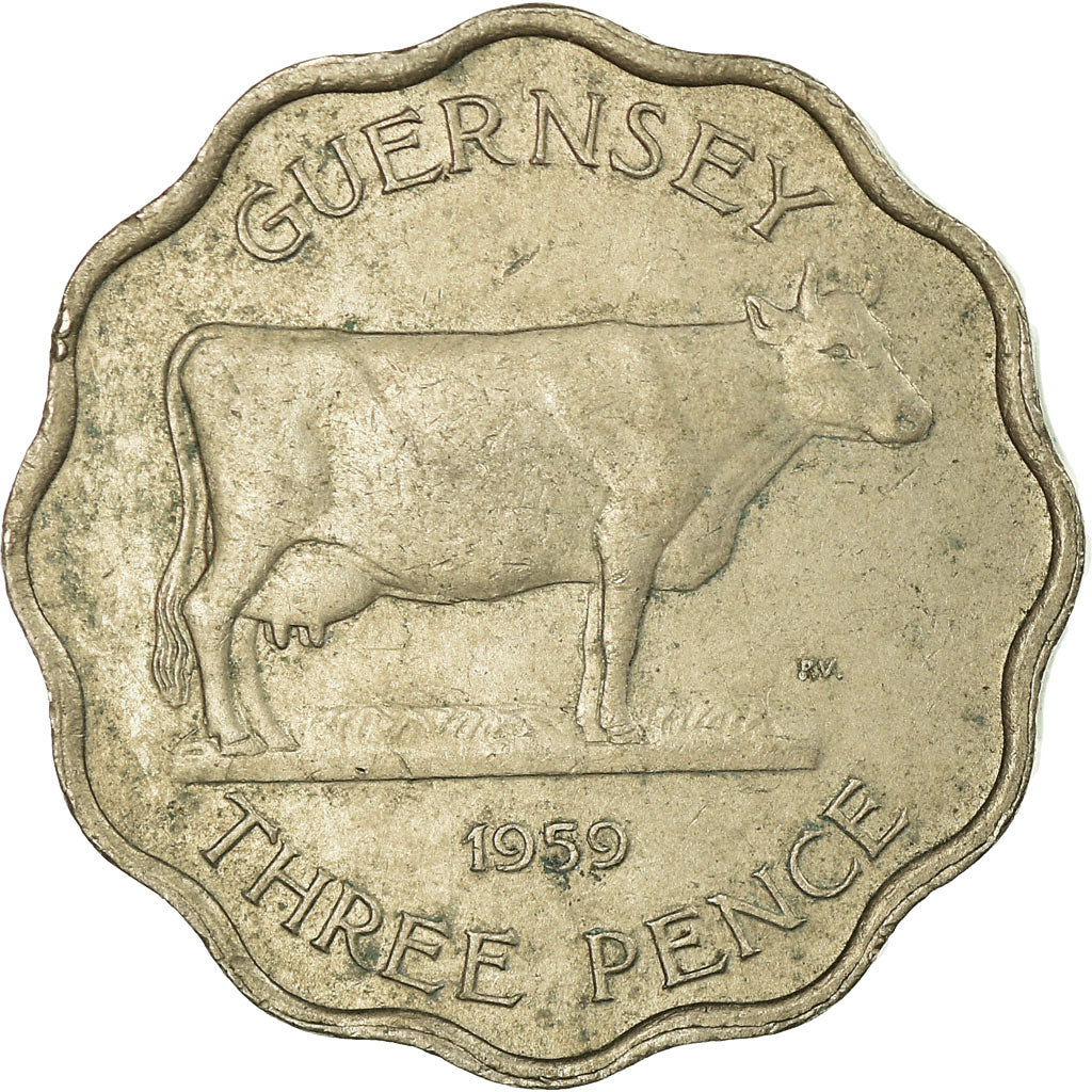 Coin, Guernsey, Elizabeth II, 3 Pence, 1959, EF(40-45), Copper-nickel, KM:18