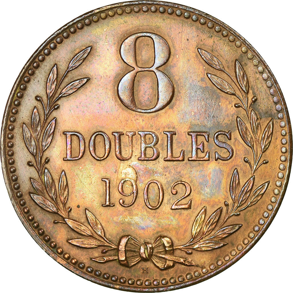 Coin, Guernsey, 8 Doubles, 1902, Heaton, Birmingham, EF(40-45), Bronze, KM:7