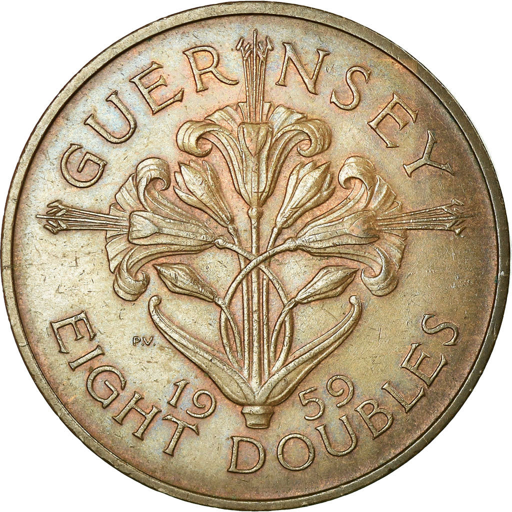 Coin, Guernsey, Elizabeth II, 8 Doubles, 1959, EF(40-45), Bronze, KM:16