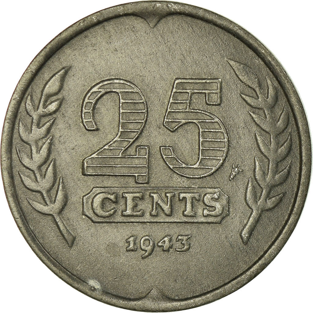 Coin, Netherlands, Wilhelmina I, 25 Cents, 1943, EF(40-45), Zinc, KM:174